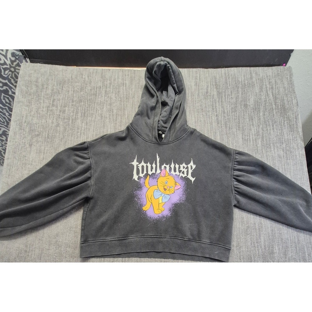 Disney H&M Toulouse Aristocrats Cropped Hoodie Gray Puff Sleeves Women's M‎